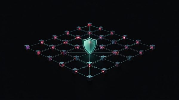 Glowing shield icon over a grid of evaluation checkpoints, teal and red technical illustration