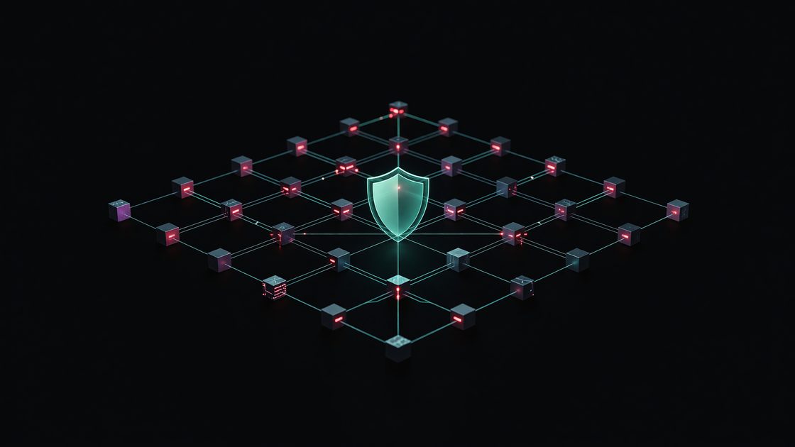 Glowing shield icon over a grid of evaluation checkpoints, teal and red technical illustration