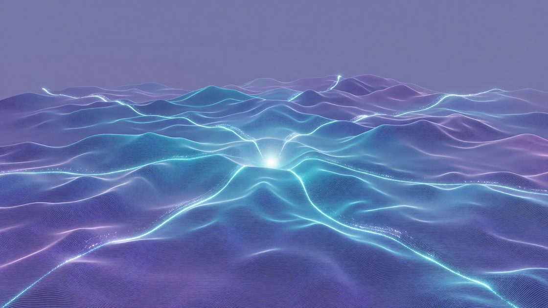 Abstract 3D optimization landscape with glowing search paths converging on a minimum