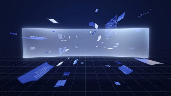 Abstract glowing data window stretching across a dark grid of document fragments pulled into focus