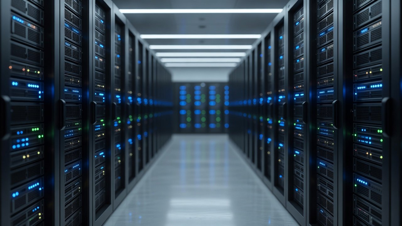 Rows of server racks in a data centre aisle with status lights