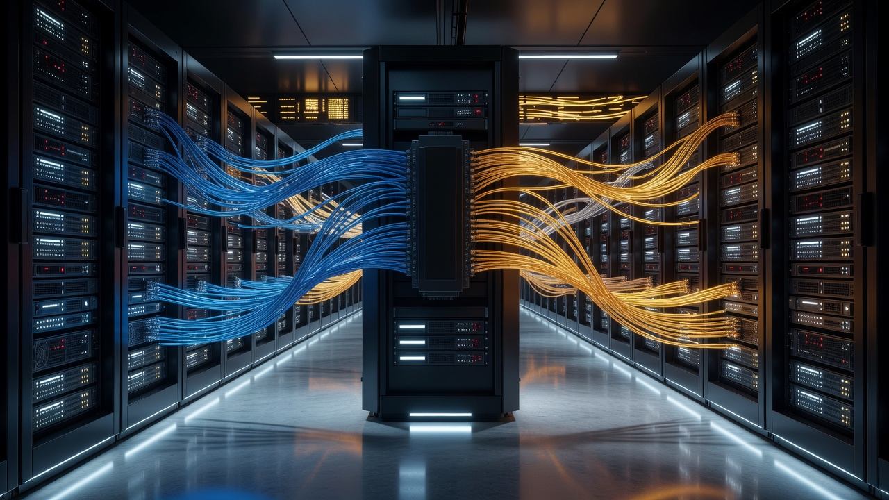 Rows of illuminated server racks in a data centre aisle with branching fibre-optic cables carrying light to different machines