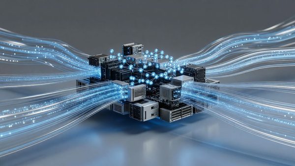 Abstract illustration of data streams converging into a glowing distributed server architecture