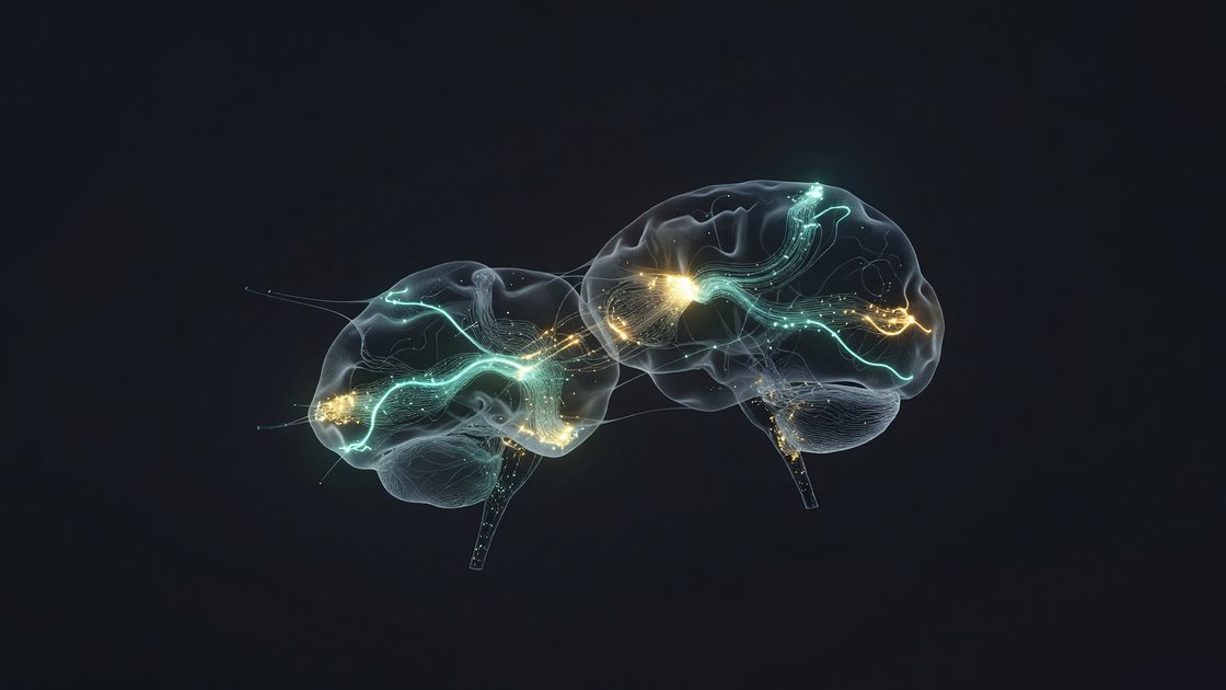 Translucent x-ray style visualization of a neural network with glowing internal pathways