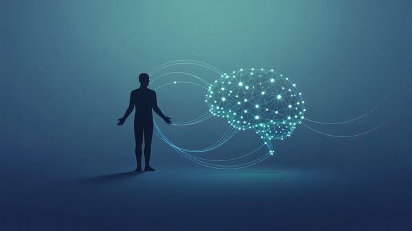 Abstract feedback loop between a human silhouette and a glowing neural network diagram