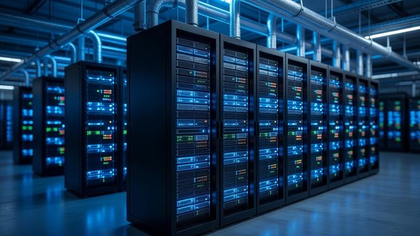 Data center GPU servers with glowing interconnects representing parallel inference workloads